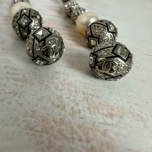 Chanel Silver-Toned and Pearl Drop Earrings with rhinestone encrusted spheres